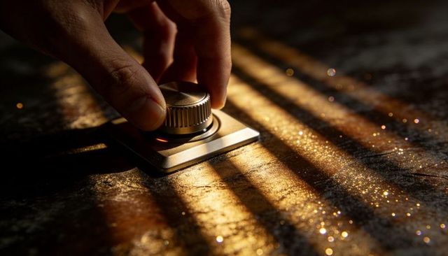 Hand adjusting knurled metal knob on textured tabletop with warm glow and sparkle bokeh