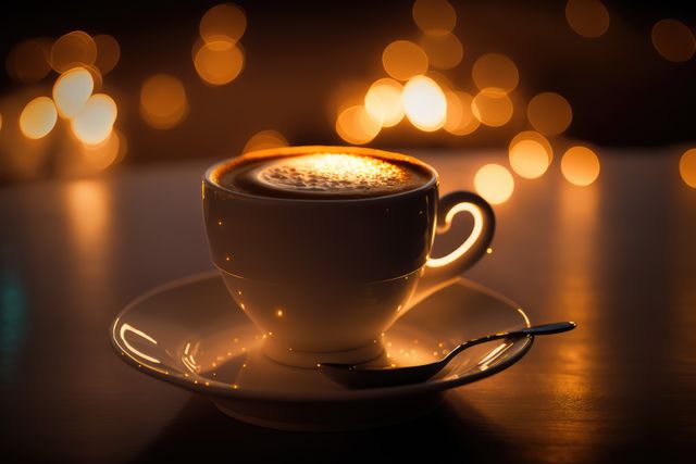 Heated cappuccino in white cup with saucer and spoon, set against a backdrop of warm bokeh lights. Perfect for illustrating cozy cafe environments, coffee shop promotions, beverage adverts, or creating a comforting, relaxing atmosphere in various designs.