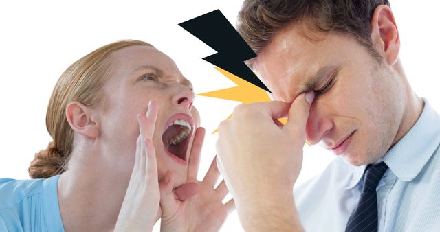 Digital image of woman shouting while caucasian man suffering from migraine on white background. Noise, raise awareness, support, migraine awareness week, headache, digital composite, stress.
