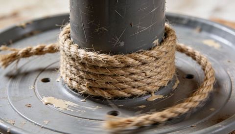 Coiled jute rope wrapping gray metal post on worn base plate close-up