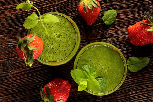 Fresh Green Smoothies with Strawberries and Basil on Wooden Table - Download Free Stock Photos Pikwizard.com