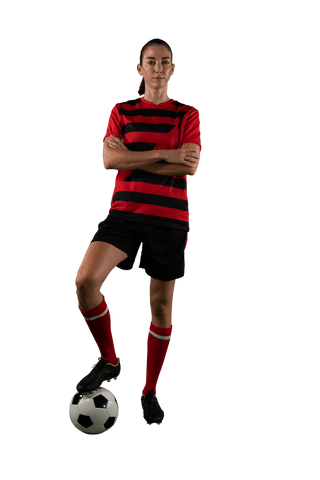 Confident Female Soccer Player Posing with Football on Transparent Background