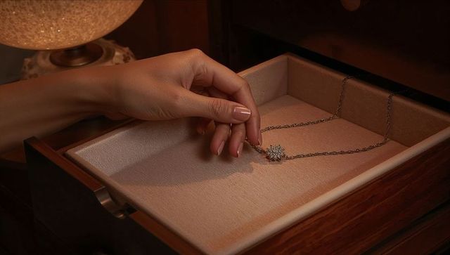 Manicured hand lifting starburst diamond pendant from suede-lined jewelry drawer