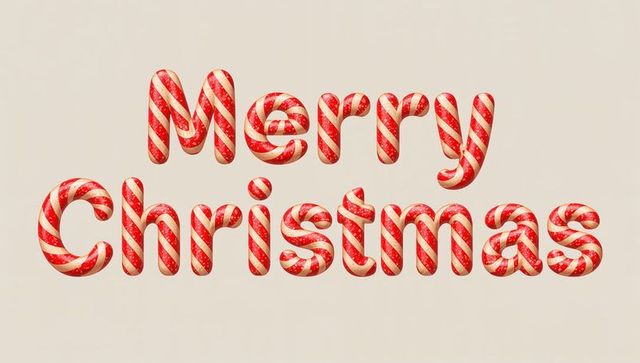3d candy cane lettering spelling merry christmas glossy red white striped typography