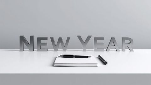 Minimalist metallic new year planning concept with notebook and pen on glossy desk
