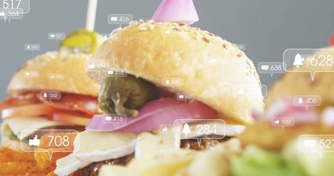 Gourmet sesame slider showing melted cheese, pickled pepper and red onion with social overlays