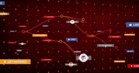 Animating node cluster across maroon digital grid with notifications, likes and neon glow
