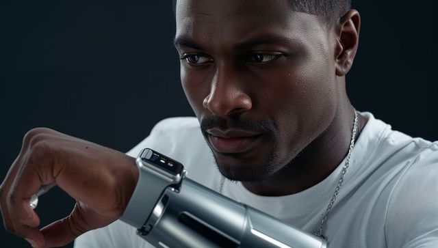 Man interacting with smartwatch on sleek metallic prosthetic forearm showcasing wearable tech