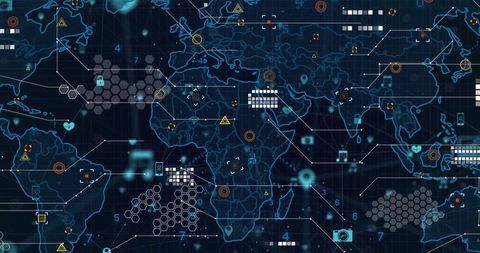 Futuristic Digital World Map with Data Analysis and Connectivity