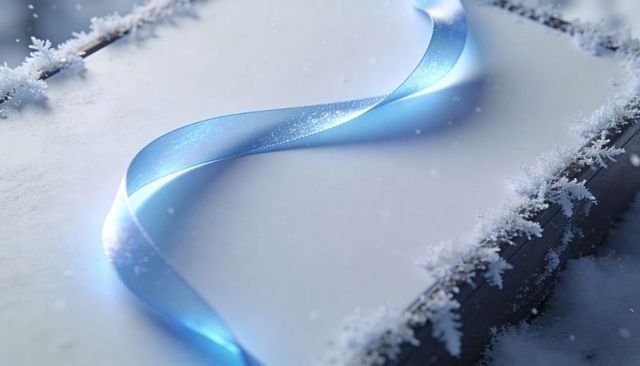 Glittering light-blue satin ribbon curling across frosted gift box with icy crystals