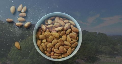 Almonds in white bowl with nature background