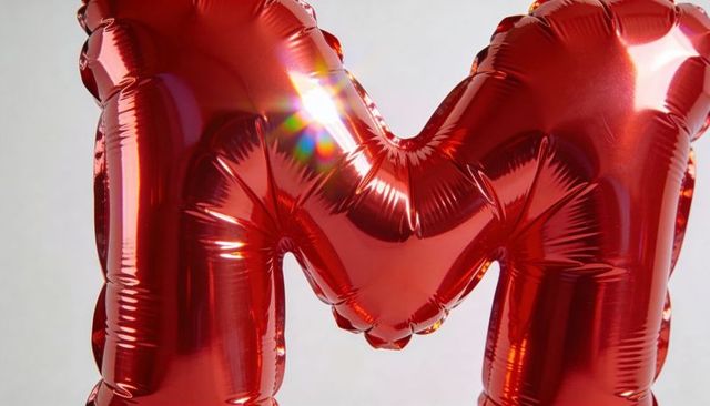 Shiny red mylar letter m balloon closeup reflecting light with rainbow flare