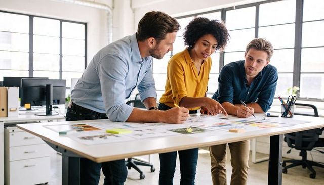 Creative team reviewing layouts around standing desk in sunlit modern office