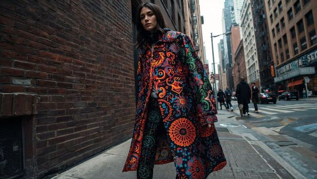 Walking fashion model wearing bold floral patterned coat and matching pants on city sidewalk