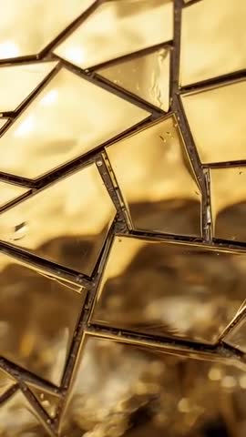 Pulling camera revealing gold mosaic tiles with reflective grout, drops and warm bokeh