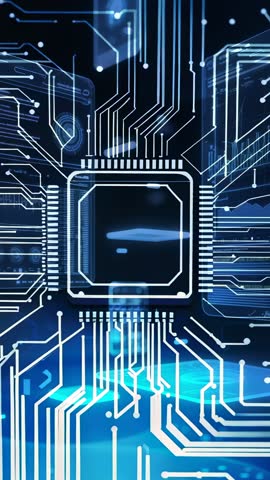 3D microchip transmitting pulses across futuristic holographic circuit network