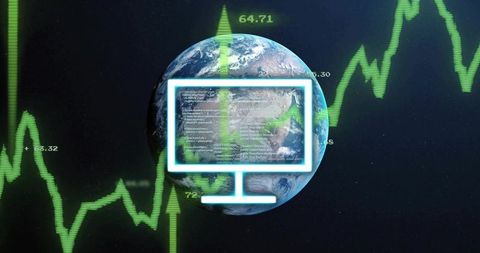 Neon monitor overlay on earth visualizing global data analytics and market growth