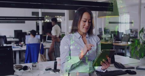 Financial data overlay with professional office team working