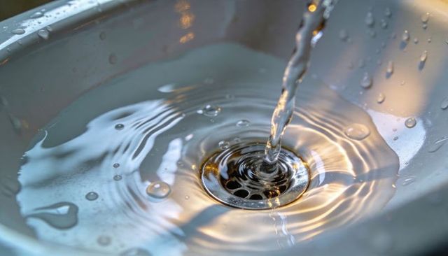 Flowing water creating ripples around metal drain in white ceramic sink with soft reflections