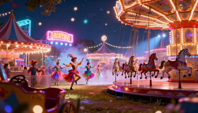 Dancer twirling in red gold tutu at night carnival with illuminated carousel and neon signs