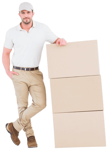 Transparent Delivery Man Leaning on Stacked Boxes Smiling - Download Free Stock Videos Pikwizard.com