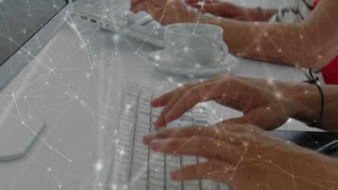 Diverse Professionals Typing with Digital Network Overlay