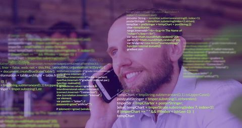 Smiling developer talking on smartphone with code overlay, collaboration and technology