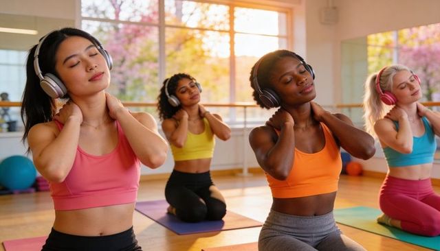 Mindful group stretching with wireless headphones in sunlit yoga studio for wellness