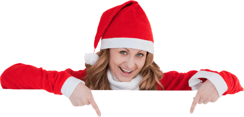 Christmas Woman in Santa Hat Displaying Blank Ad Space Transparent
