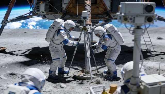 Two Astronauts Deploying Tripod Sensor and Base Plate on Lunar Surface