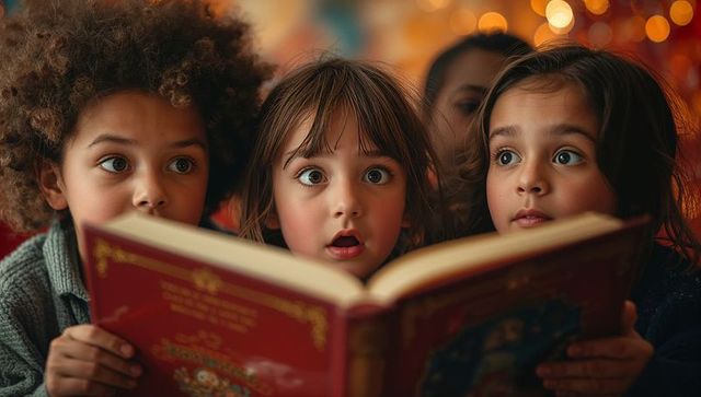 Children Enthralled by Storytelling in Festive Living Room