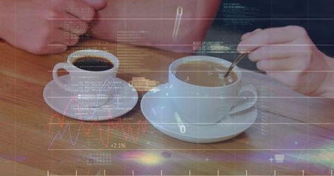 Stirring coffee during informal meeting with digital data overlay and analytics