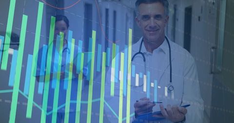 Healthcare Professionals Analyzing Data with Graph Overlay in Hospital