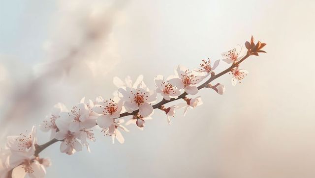 Sunlit pale pink cherry blossom branch with delicate petals and fresh spring buds