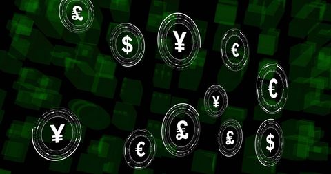 Digital currency symbols floating above virtual cityscape