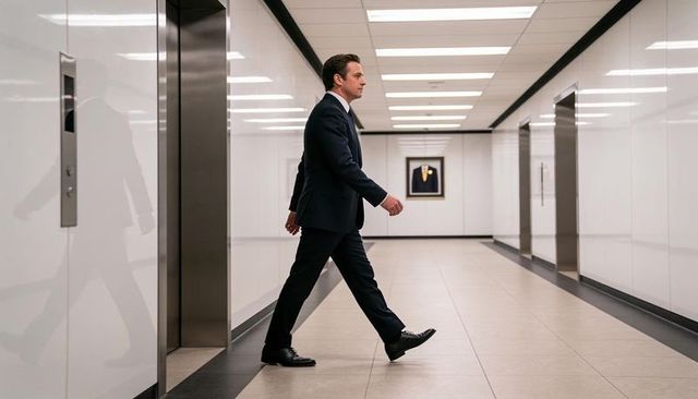 Executive walking through glossy modern office corridor with reflections and minimalist symmetry