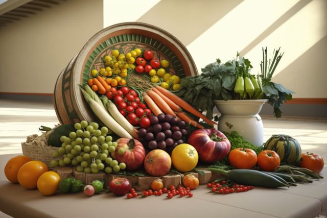 Empty room with basket of vegetables and fruit on floor over stairs, using generative ai technology. Food, shopping and healthy concept digitally generated image.