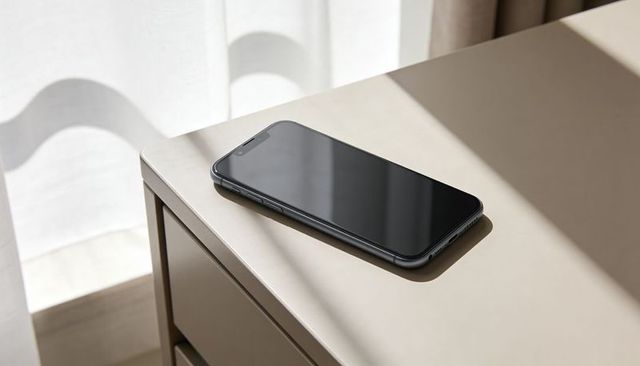 Lying modern black smartphone on beige dresser casting soft curtain shadows in sunlight