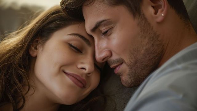 Couple cuddling on sofa, intimate closeup showing tender smiles and cozy warm light