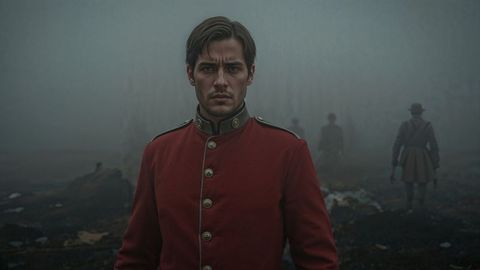 British empire soldier in red uniform on foggy battlefield