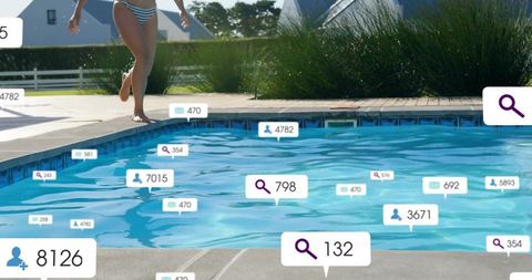 Stepping woman in striped bikini entering backyard pool with floating social data labels