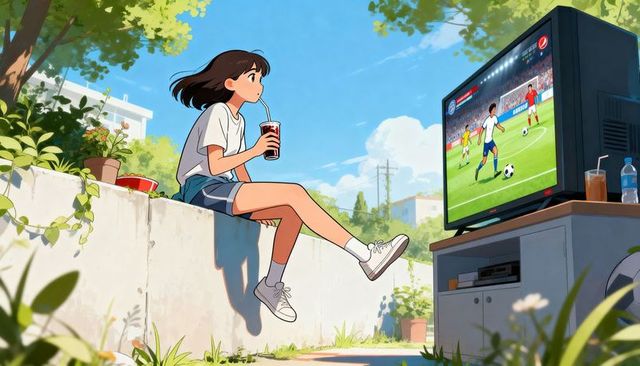 Teen girl sipping soda while watching soccer on retro crt tv in sunlit garden courtyard