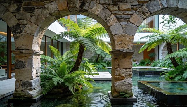 Stone arch framing lush tropical courtyard with reflecting pool and fern atrium