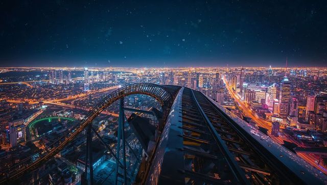 Futuristic Night View of Skyscraper with Curved Rail and City Lights