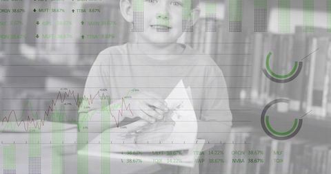 Child reading with financial data overlay digital concept
