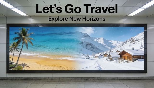 Split beach and winter mountain travel billboard in subway corridor with bold headline