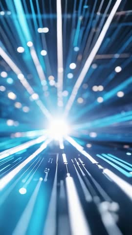 Streaming Neon Blue Data Beams Racing Through Futuristic Circuitry Toward Bright Burst
