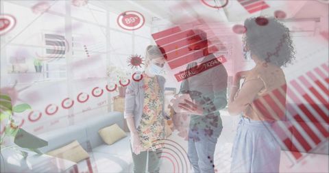 Colleagues Discussing Data with Digital Graphs Overlaid