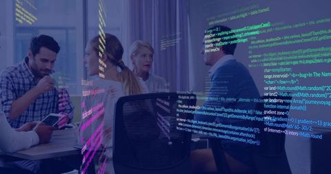 Tech Team Collaborating in Modern Boardroom with Code Overlay and Tablet-Based Brainstorming