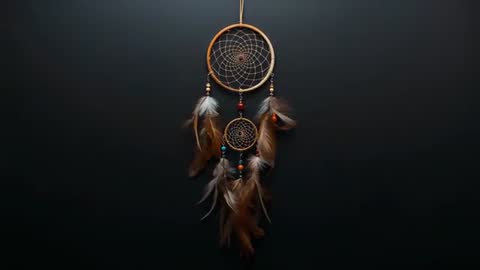 Handcrafted Dreamcatcher with Feathers and Beads Hanging on Dark Background